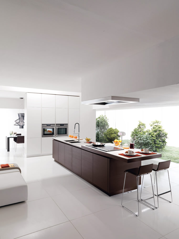 	Minimalist kitchen with wooden island