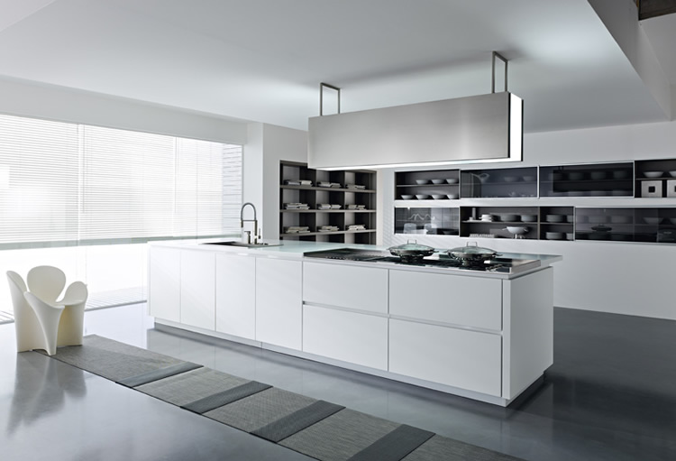	Pedinusa minimalist kitchen with island and built in cabinetry